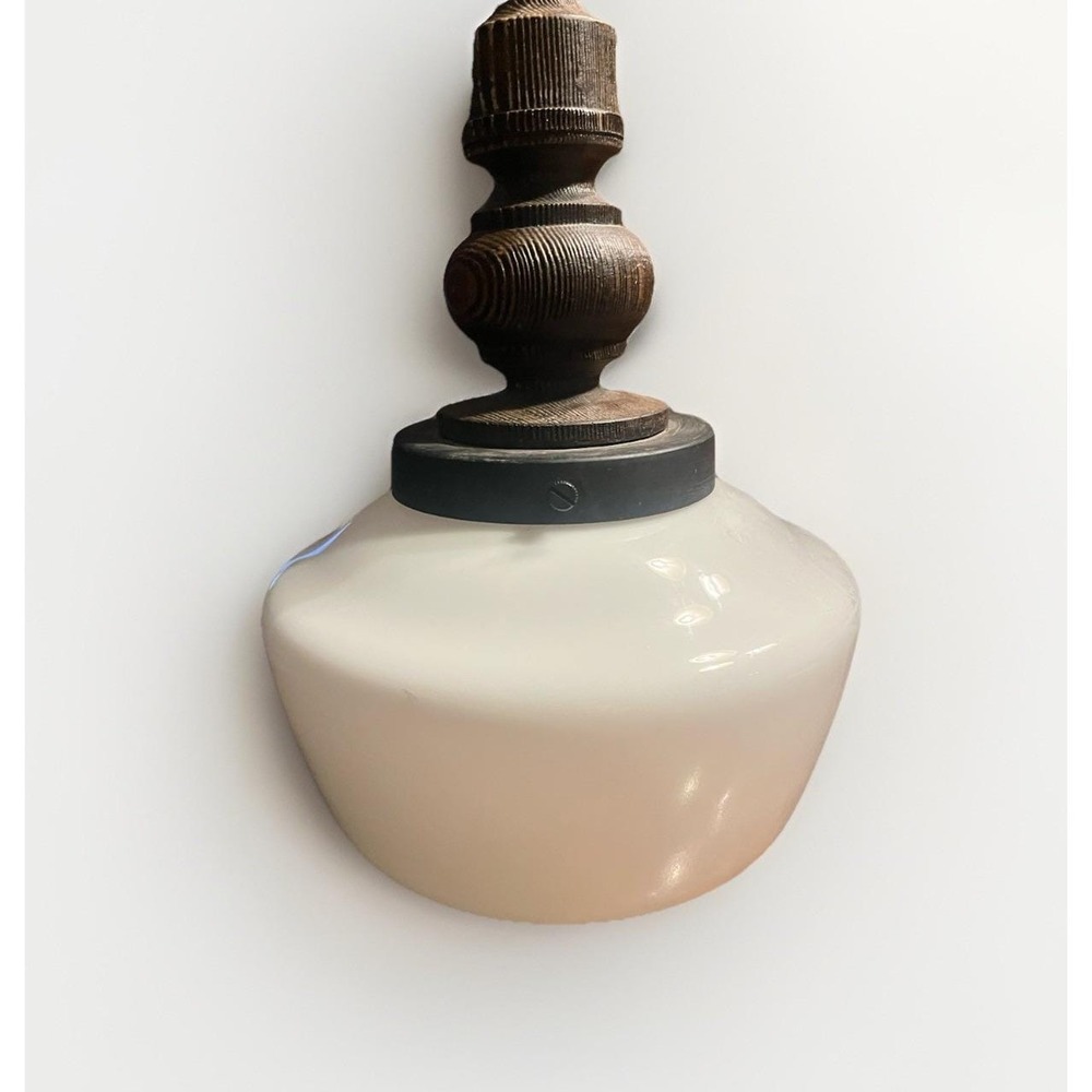 Vintage Earl-lite Milk Glass Pendant Light Hammered Brass & Wood Spindle MCM